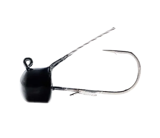 A black plastic fishing jig head with a silver metal wire skirt and a large hook, isolated on a white background.