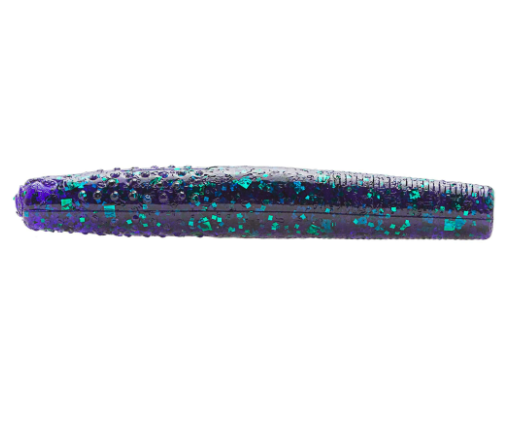 Dark purple soft plastic fishing lure with green and blue glitter flakes.