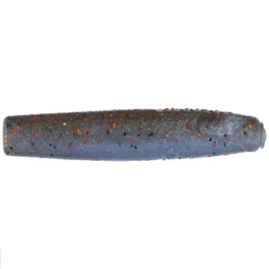 A dark blue soft plastic fishing lure with orange and black flakes.