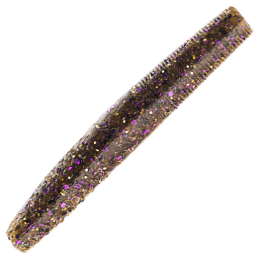Dark green pumpkin goby soft plastic fishing lure with purple and gold glitter.