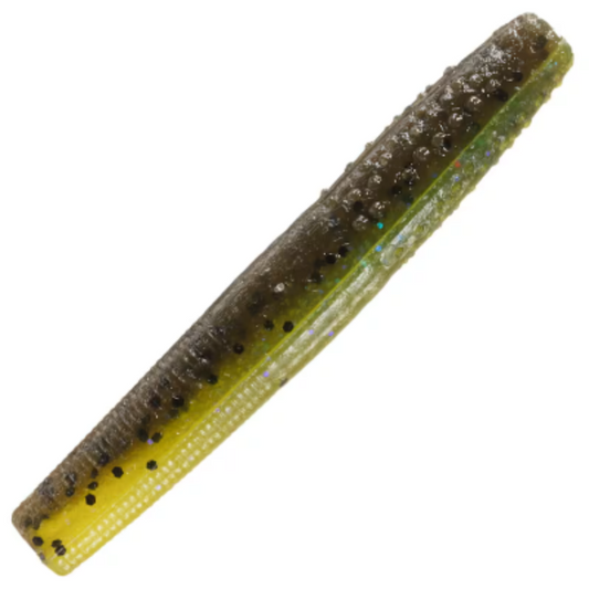 Diagonal dark olive and yellow ribbed soft plastic fishing lure with black speckles.