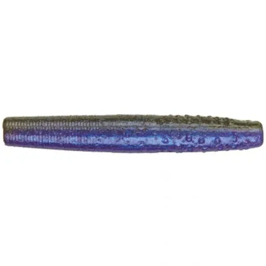 Ribbed dark grey and shimmering blue soft plastic fishing lure.