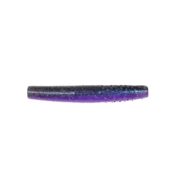 Horizontal soft plastic fishing lure, dark grey blending to purple with glitter.