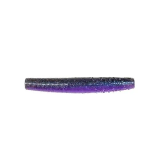 Horizontal soft plastic fishing lure, dark grey blending to purple with glitter.