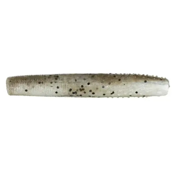 Horizontal mud minnow fishing lure, translucent brown with dark speckles.