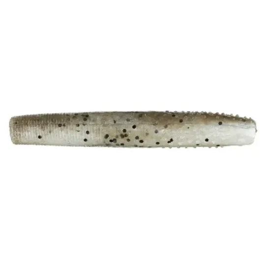 Horizontal mud minnow fishing lure, translucent brown with dark speckles.