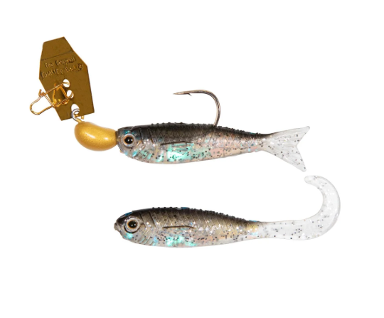 A soft plastic fishing lure set featuring two small fish-shaped baits with a gold spinnerbait hook and a gold tag, shown on a plain white background.