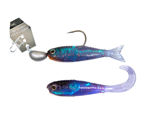 Two Z-MAN Flashback Mini fishing lures, blue and purple with silver jig and blade.