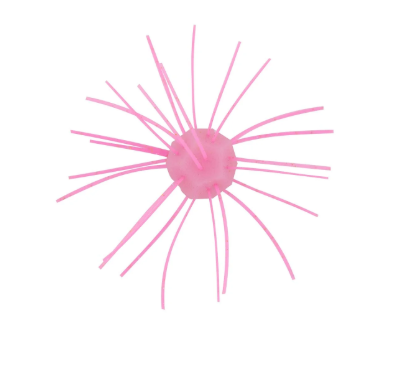 Pink fuzzy lure with many thin, radiating strands on a white background.