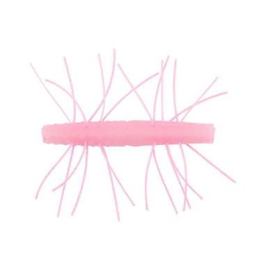 Pink soft plastic fishing lure with numerous thin, flexible tentacles.