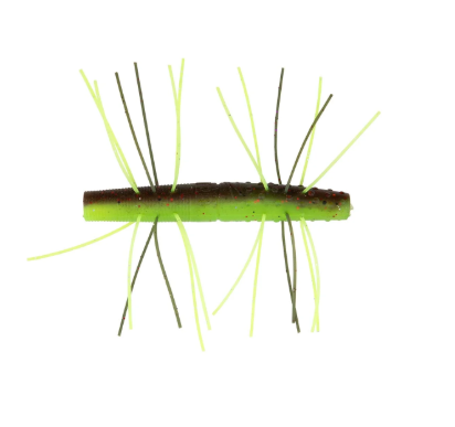 A soft plastic fishing lure shaped like a small caterpillar or grub, shown from the side on a plain white background. The body is bright neon chartreuse green with a dark brown top edge and several thin dark bristles extending upward and downward.