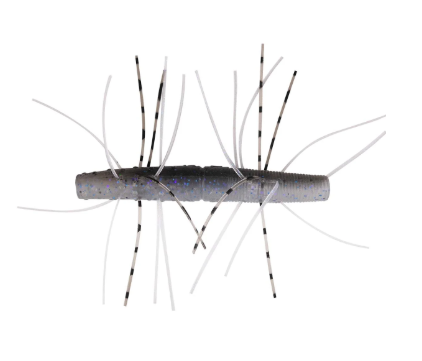 A soft plastic fishing lure shaped like a small aquatic insect, featuring a segmented body in translucent gray with iridescent blue and pink glitter, and multiple black-and-white striped legs, shown on a plain white background.