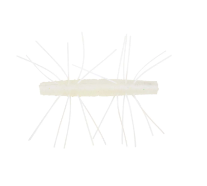 A translucent white soft plastic fishing lure with multiple thin white wire-like strands extending from both sides, shown on a plain white background.