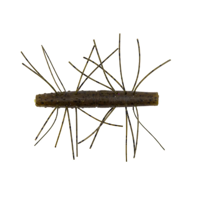 A soft plastic fishing lure shaped like a small segmented worm or caterpillar, shown from above on a plain white background. The body is olive-brown with dark brown to black hair-like or bristle-like extensions radiating from both sides.