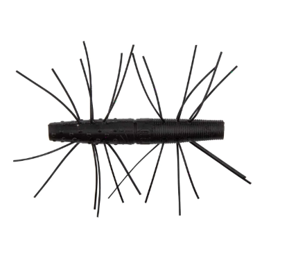 A black soft plastic fishing lure with a ribbed body and multiple thin tail strands extending from both ends, shown on a plain white background.