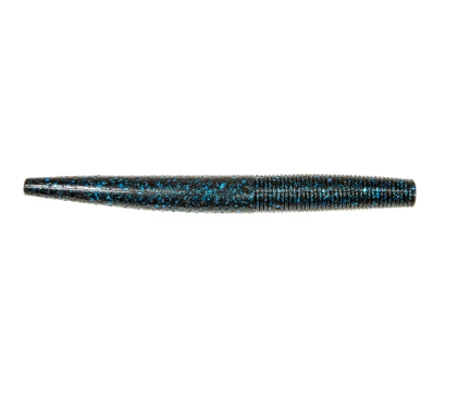 Black and blue flake soft plastic fishing lure with ribbed texture.