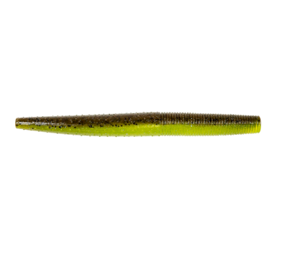 A soft plastic fishing lure shaped like a small worm, featuring a dark olive-brown top with black speckles and a bright chartreuse-yellow-green underside, shown against a plain white background.