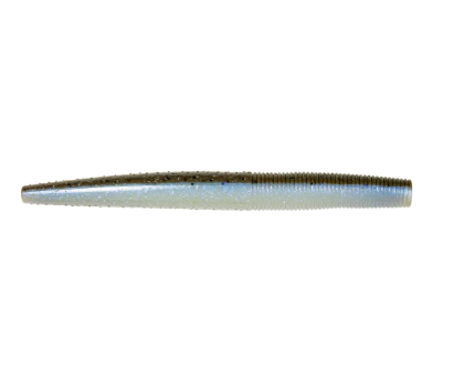 A light blue and dark speckled soft plastic fishing lure with a ribbed tail.