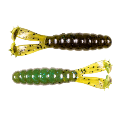 Two soft plastic fishing lures with segmented bodies and split tails, shown on a plain white background. The top lure is olive green and black with yellow-tipped tails speckled with black.