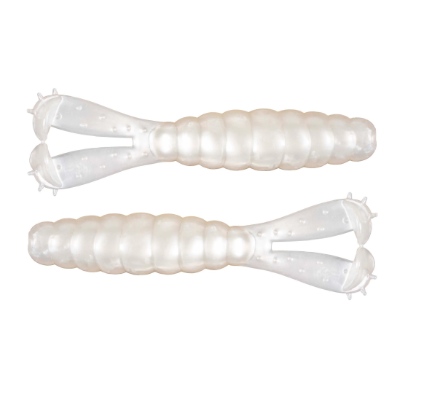 Two translucent white silicone fishing lures with ribbed bodies and split tails, shown on a plain white background.