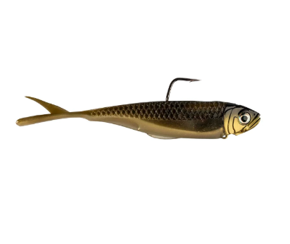 A realistic soft plastic fishing lure shaped like a small fish, shown in side profile on a plain white background. The lure has a gold and bronze scaled body, a dark back, a detailed eye, and a curved hook attached near the top.