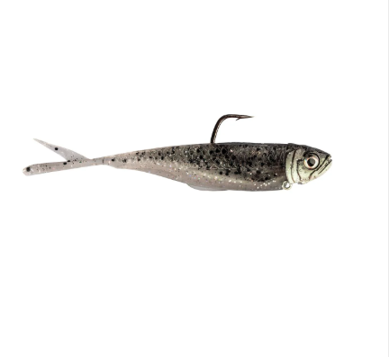 A soft plastic fishing lure shaped like a small silver and black-spotted fish, shown from the side on a plain white background.