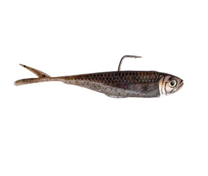 A realistic soft plastic fishing lure shaped like a small fish, shown from the side on a plain white background. The lure has a silver and brown scaled body with black speckles, a realistic eye, and a metal hook attached near the top.