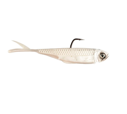 A soft plastic fishing lure shaped like a small silver-white fish with a dark hook and realistic eye, isolated on a white background.