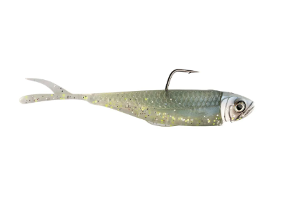 A realistic soft plastic fishing lure shaped like a small silver-gray fish with yellow-green reflective scales, a detailed eye, and a metal hook attached near the head, shown on a plain white background.