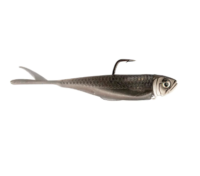 A realistic silver and gray soft plastic fishing lure shaped like a small fish, shown from the side on a plain white background.