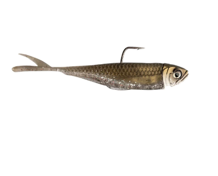 A realistic soft plastic fishing lure shaped like a small silver and gold fish, with a wire hook attached to the back, shown on a plain white background.