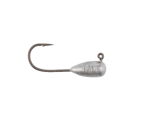 A single silver metal jig head with a curved hook and the engraved size '1/15' on its body, isolated on a white background.