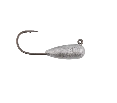 A silver metal fishing sinker with a hook and a small eye loop, shown on a plain white background.