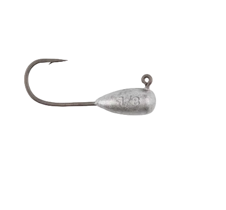 A silver metal fishing jig head with a curved hook and a small eye loop, shown on a plain white background.
