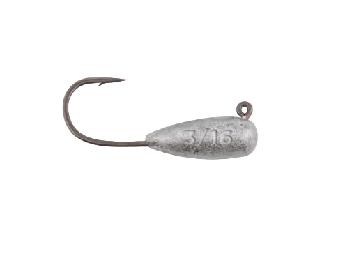 A single silver metal fishing jig head with a curved hook and a small eyelet, shown on a plain white background. The body is stamped with the size '3/16'.
