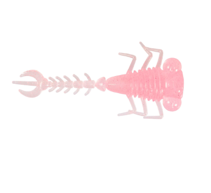 A translucent pink soft plastic fishing lure shaped like a scorpion, shown against a solid white background.