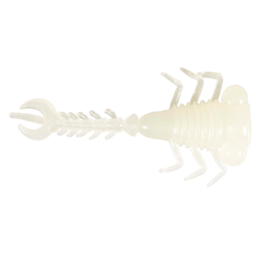 A translucent white plastic scorpion fishing lure on a solid white background.