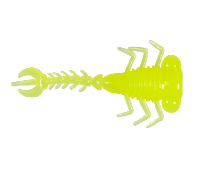 A translucent neon yellow-green soft plastic fishing lure shaped like a scorpion, shown against a plain white background.