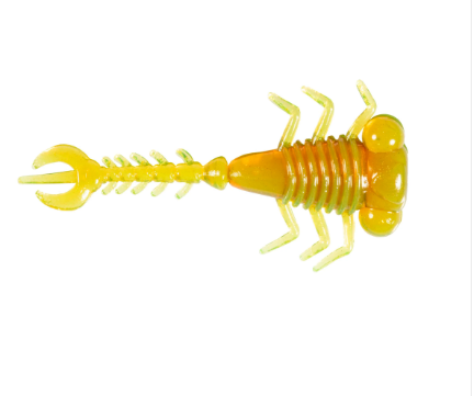 A translucent yellow fishing lure shaped like a small crustacean or scorpion, shown from the side on a plain white background.