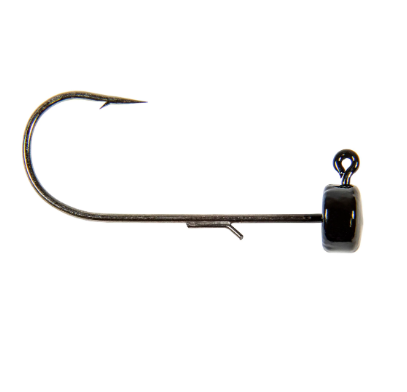 A single fishing jig head hook with a black bead weight and a silver metal hook, isolated on a white background.
