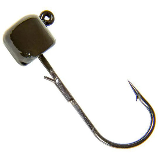 A single fishing jig lure with a glossy black rounded head and a silver metal hook, isolated on a white background.