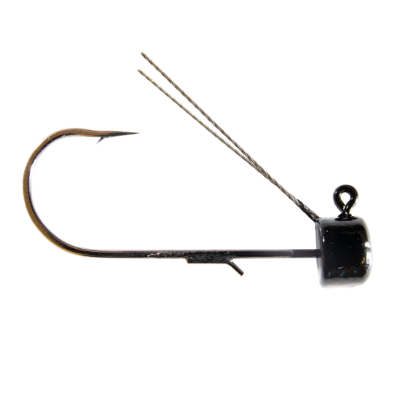 A fishing jig lure with a black weighted head, a long hook, and two thin vertical flagging strands, isolated on a white background.