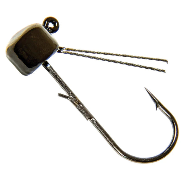 A close-up of a fishing jig head and hook assembly on a plain white background.