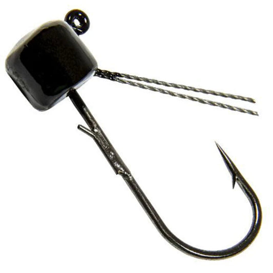 A black jig head fishing lure with two twisted wire tail strands and a sharp hook, shown on a plain white background.