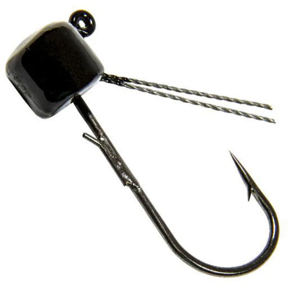 A black jig head fishing lure with two twisted wire tail strands and a sharp hook, shown on a plain white background.