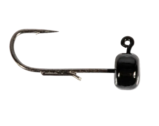 A single fishing jig hook with a glossy black bead head and a silver metal hook, shown against a plain white background.