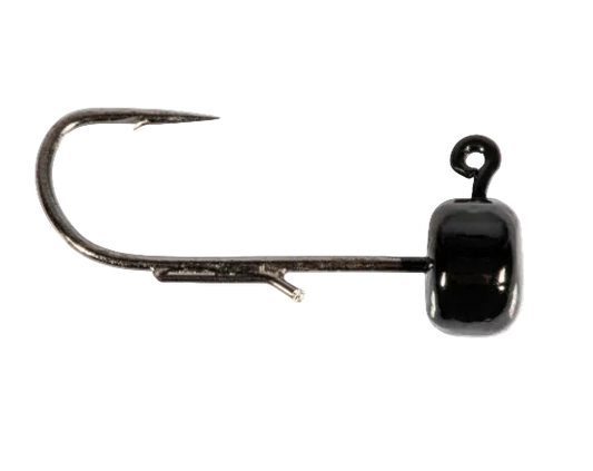 A single fishing jig hook with a glossy black bead head and a silver metal hook, shown against a plain white background.