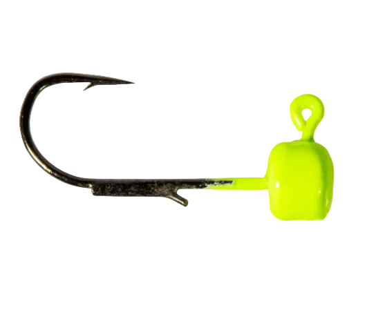 A single fishing jig lure with a bright neon yellow-green body and a dark metal hook, isolated on a white background.