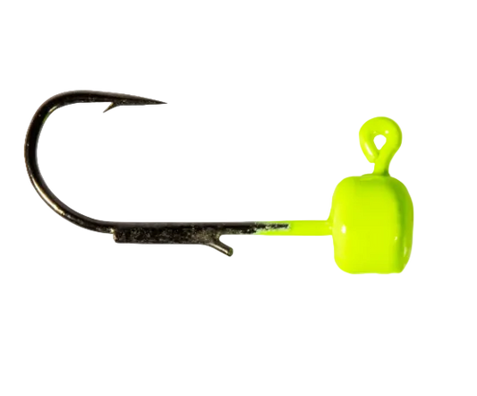 A single fishing jig lure with a bright neon yellow-green body and a dark metal hook, isolated on a white background.