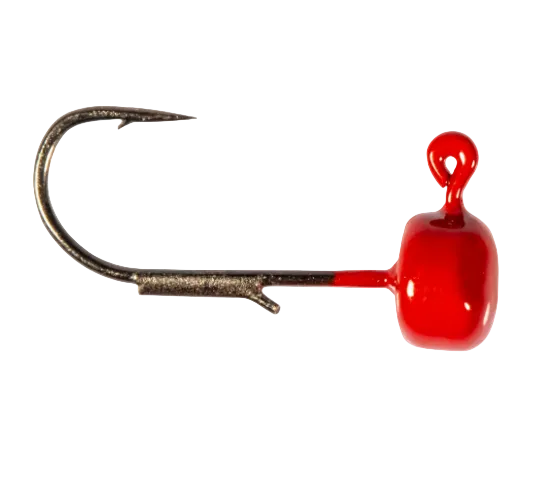 A single fishing jig head with a bright red glossy body and a dark metal hook, shown against a plain white background.